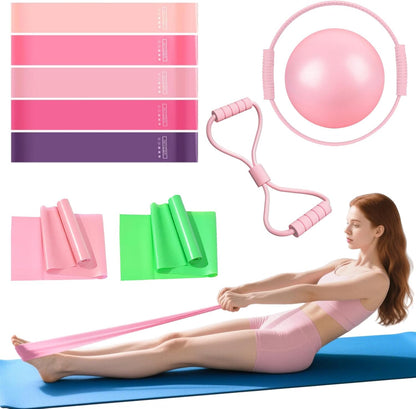 Pilates Essentials Kit for Women,10PCS Pilates Set with 13" Magic Circle Pilates Ring and Yoga Ball, 5 Resistance Bands for Toning & Stretching Strap & Tension Rope Exercise Equipment for Home Workout