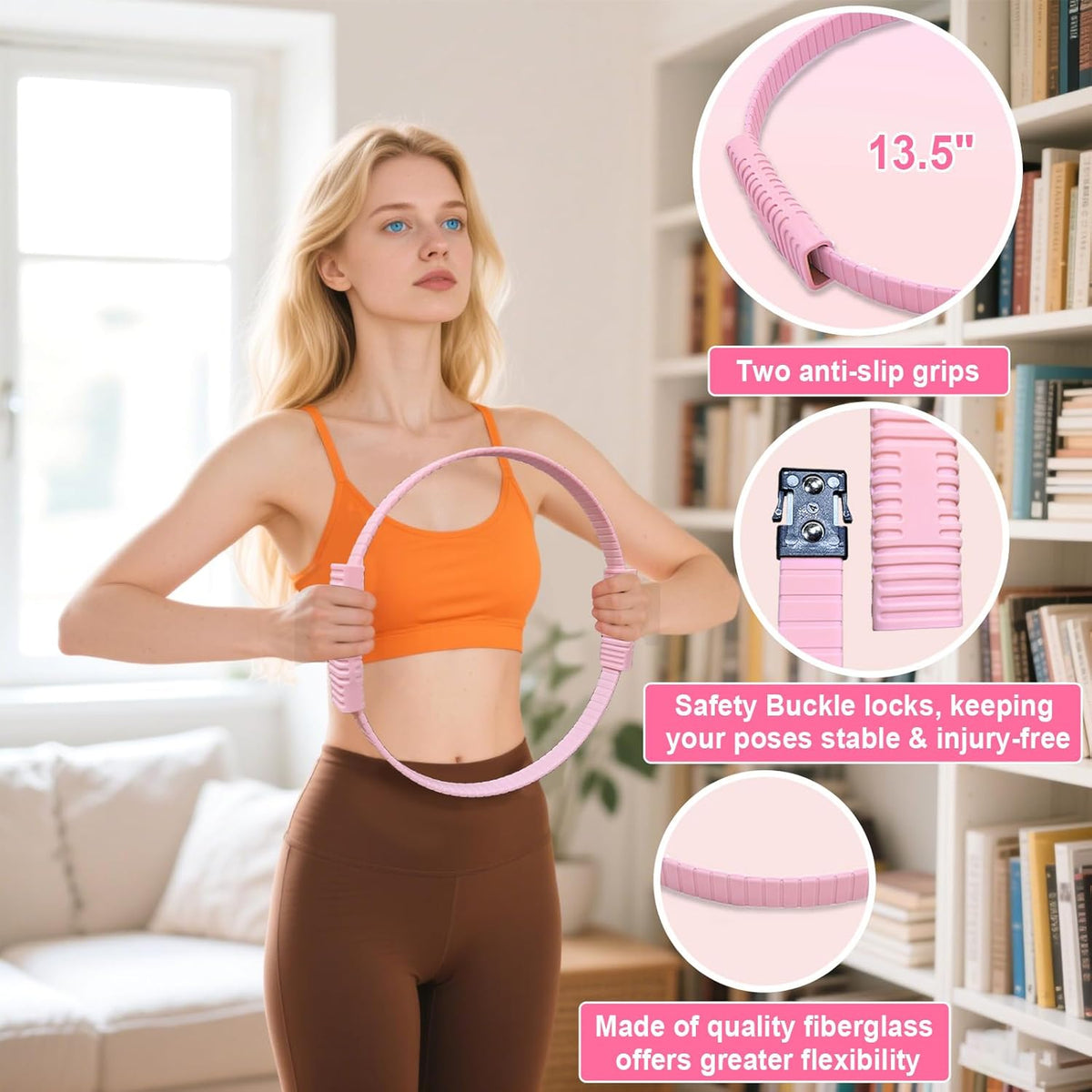 Pilates Essentials Kit for Women,10PCS Pilates Set with 13" Magic Circle Pilates Ring and Yoga Ball, 5 Resistance Bands for Toning & Stretching Strap & Tension Rope Exercise Equipment for Home Workout
