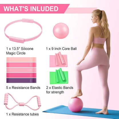 Pilates Essentials Kit for Women,10PCS Pilates Set with 13" Magic Circle Pilates Ring and Yoga Ball, 5 Resistance Bands for Toning & Stretching Strap & Tension Rope Exercise Equipment for Home Workout