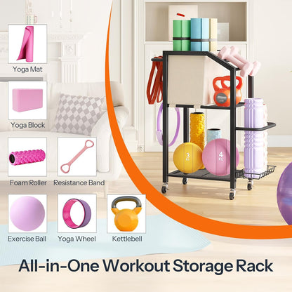 Dumbbell Rack, Weight Rack for Dumbbells, Yoga Mat Storage Rack, Home Gym Storage Rack for Dumbbells Kettlebells Foam Roller, Workout Storage Organizer with Wheels & Hooks