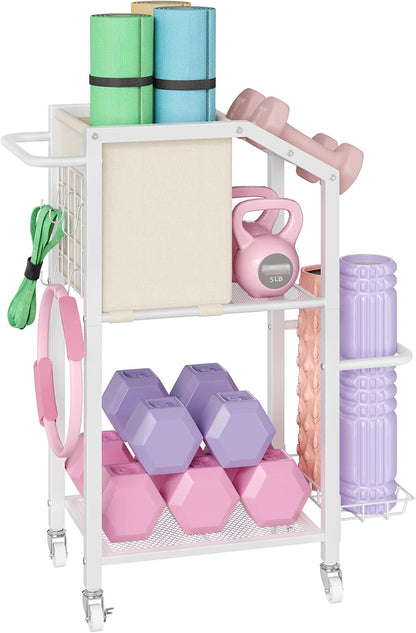 Dumbbell Rack, Weight Rack for Dumbbells, Yoga Mat Storage Rack, Home Gym Storage Rack for Dumbbells Kettlebells Foam Roller, Workout Storage Organizer with Wheels & Hooks