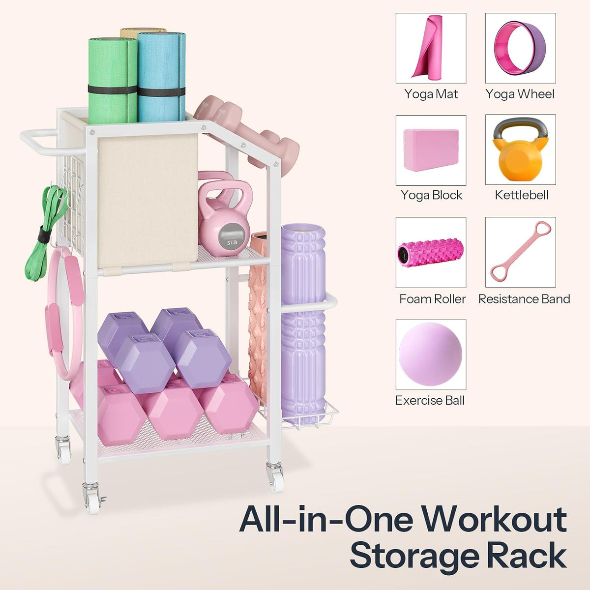 Dumbbell Rack, Weight Rack for Dumbbells, Yoga Mat Storage Rack, Home Gym Storage Rack for Dumbbells Kettlebells Foam Roller, Workout Storage Organizer with Wheels & Hooks