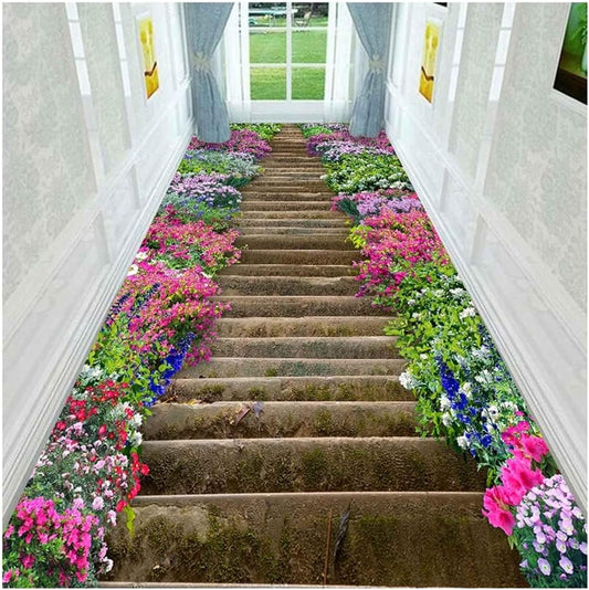 Runner Rug for Hallway, 2.6x10ft, Creative 3D Optical Illusion Stone Steps and Multicolor Floral Carpet, Contemporary Easy to Clean Non-Slip Area Rug for Bedroom Corridor Kitchen Yoga Room