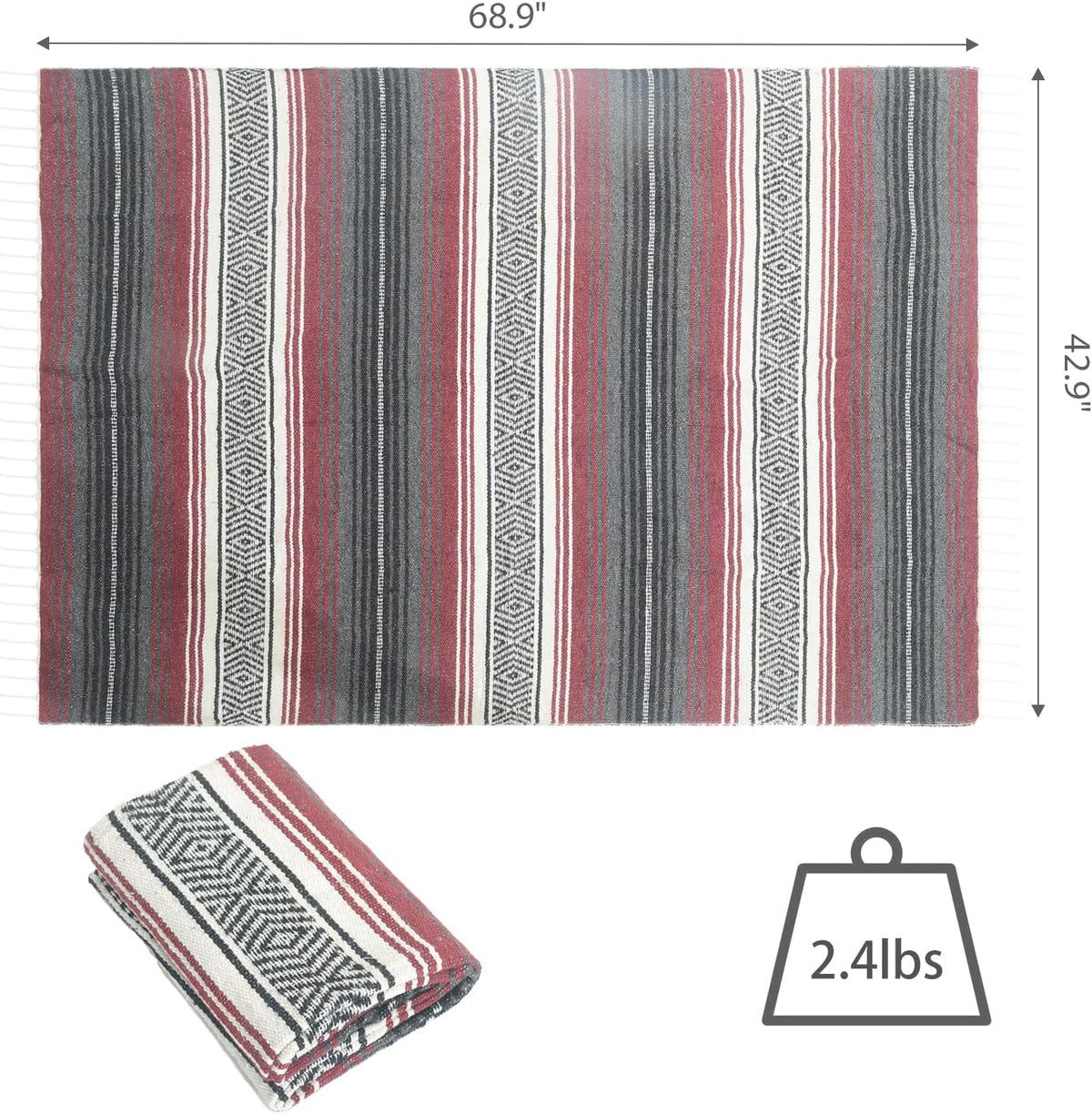 Handwoven Mexican Blanket - Lightweight Yoga, Beach, Camping & Picnic Blanket - Durable Blanket for Outdoor, Equestrian & Home Decor (Burgundy)