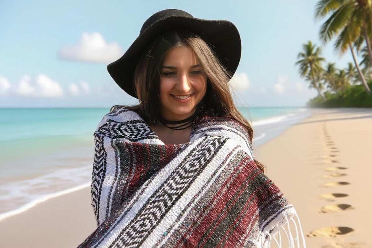 Handwoven Mexican Blanket - Lightweight Yoga, Beach, Camping & Picnic Blanket - Durable Blanket for Outdoor, Equestrian & Home Decor (Burgundy)