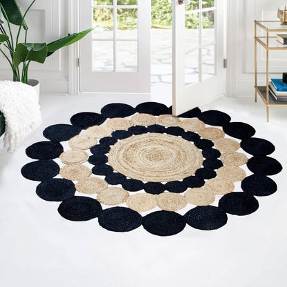 Collection Circle Area Rug - 3 x 3 Ft' Beige and Black Geometric Pettern Jute Mat Ideal for High Traffic Area in Hallway Bedroom Living Room Dining Room Kitchen Terrace Yoga Mat