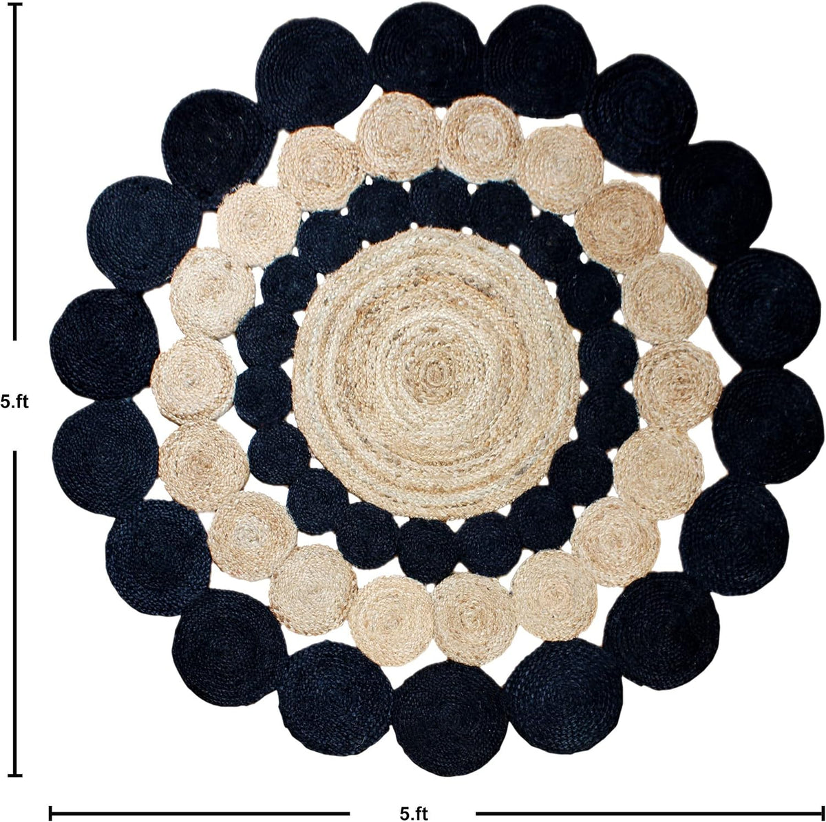 Collection Circle Area Rug - 3 x 3 Ft' Beige and Black Geometric Pettern Jute Mat Ideal for High Traffic Area in Hallway Bedroom Living Room Dining Room Kitchen Terrace Yoga Mat