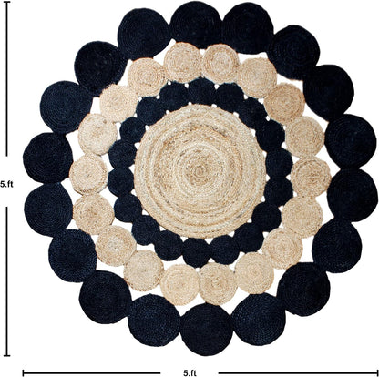 Collection Circle Area Rug - 3 x 3 Ft' Beige and Black Geometric Pettern Jute Mat Ideal for High Traffic Area in Hallway Bedroom Living Room Dining Room Kitchen Terrace Yoga Mat
