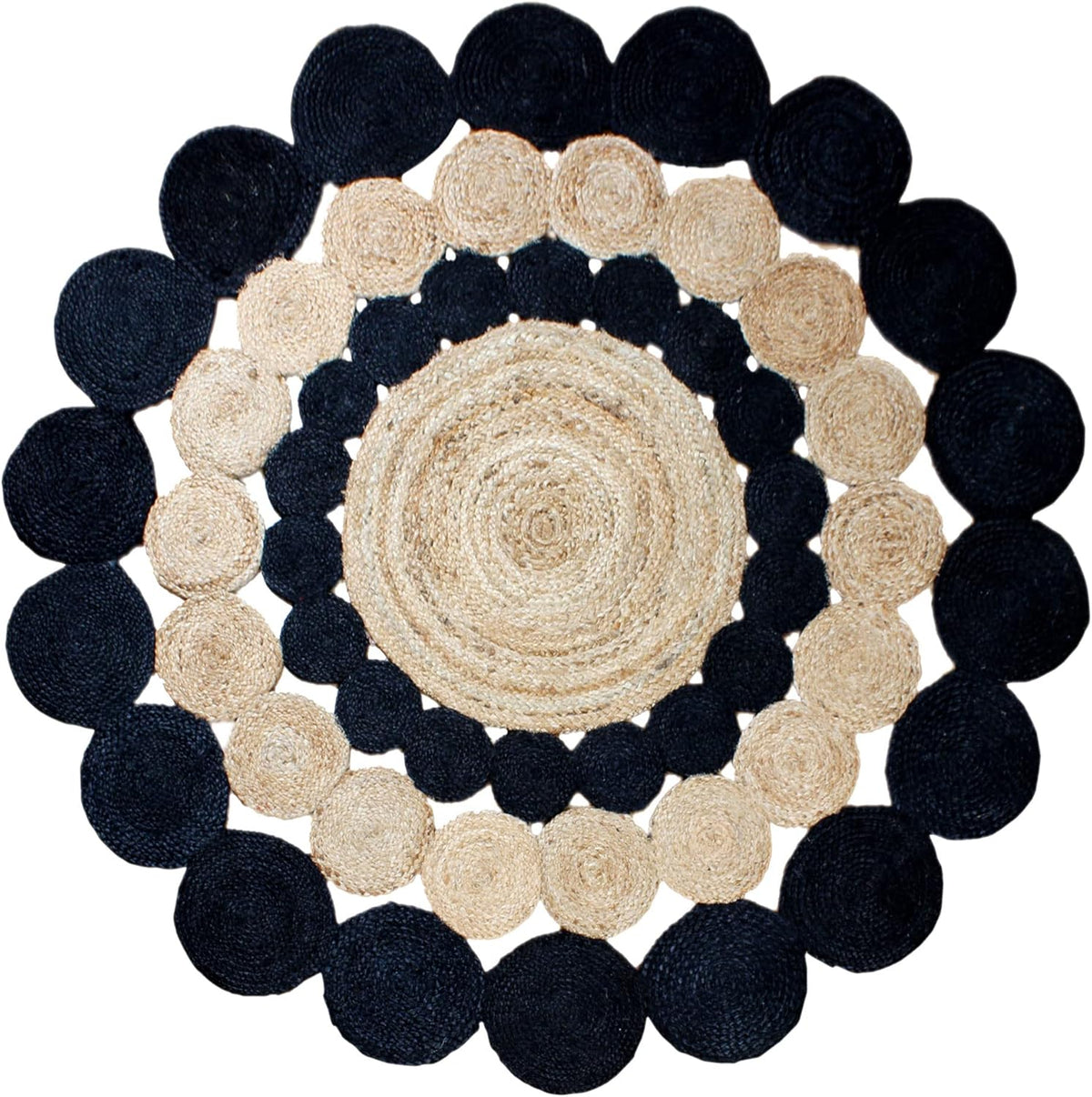 Collection Circle Area Rug - 3 x 3 Ft' Beige and Black Geometric Pettern Jute Mat Ideal for High Traffic Area in Hallway Bedroom Living Room Dining Room Kitchen Terrace Yoga Mat