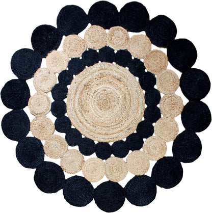 Collection Circle Area Rug - 3 x 3 Ft' Beige and Black Geometric Pettern Jute Mat Ideal for High Traffic Area in Hallway Bedroom Living Room Dining Room Kitchen Terrace Yoga Mat