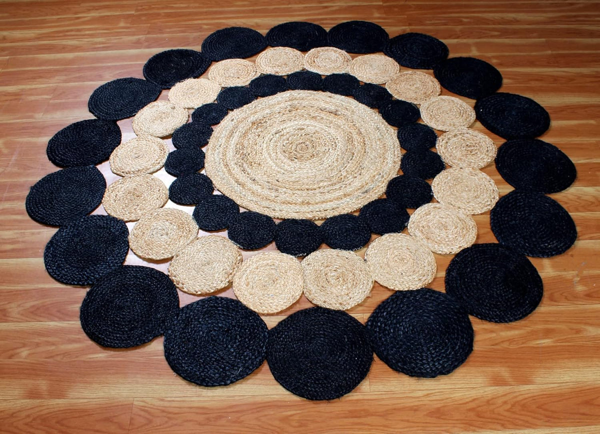 Collection Circle Area Rug - 3 x 3 Ft' Beige and Black Geometric Pettern Jute Mat Ideal for High Traffic Area in Hallway Bedroom Living Room Dining Room Kitchen Terrace Yoga Mat