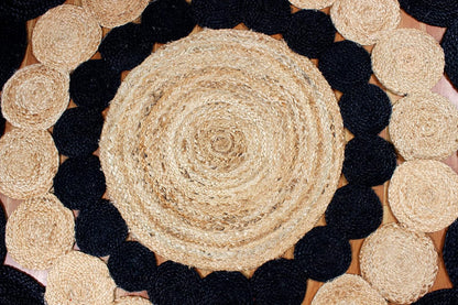 Collection Circle Area Rug - 3 x 3 Ft' Beige and Black Geometric Pettern Jute Mat Ideal for High Traffic Area in Hallway Bedroom Living Room Dining Room Kitchen Terrace Yoga Mat