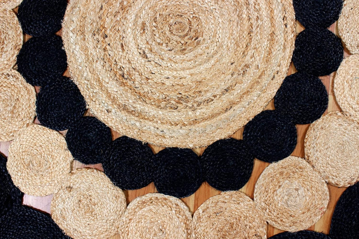 Collection Circle Area Rug - 3 x 3 Ft' Beige and Black Geometric Pettern Jute Mat Ideal for High Traffic Area in Hallway Bedroom Living Room Dining Room Kitchen Terrace Yoga Mat