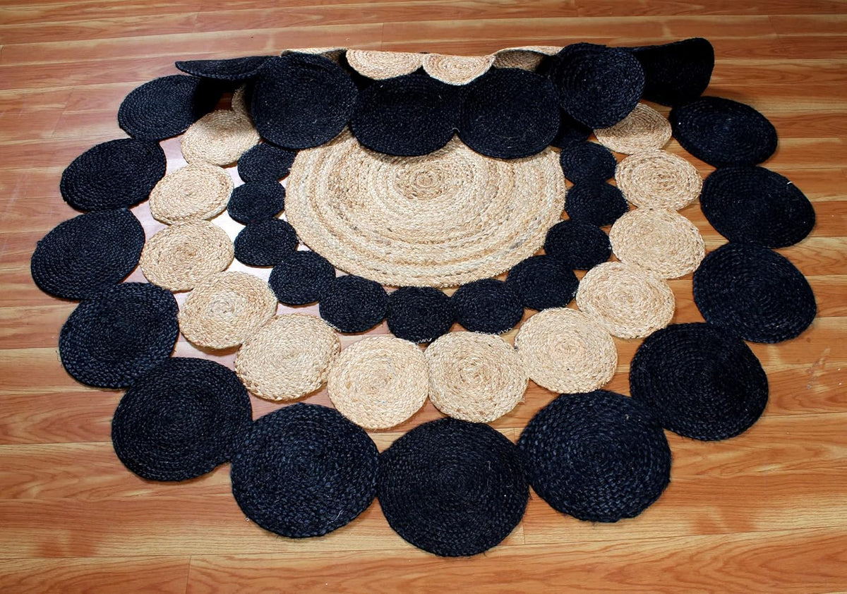 Collection Circle Area Rug - 3 x 3 Ft' Beige and Black Geometric Pettern Jute Mat Ideal for High Traffic Area in Hallway Bedroom Living Room Dining Room Kitchen Terrace Yoga Mat