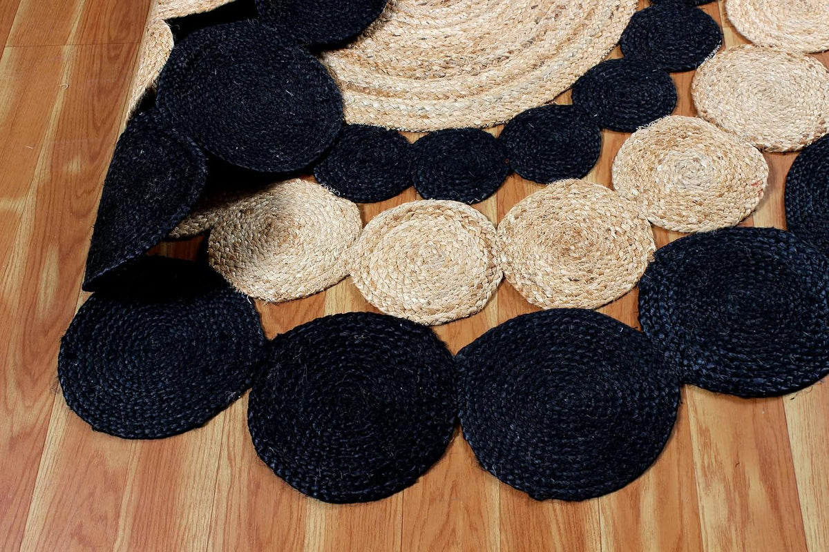 Collection Circle Area Rug - 3 x 3 Ft' Beige and Black Geometric Pettern Jute Mat Ideal for High Traffic Area in Hallway Bedroom Living Room Dining Room Kitchen Terrace Yoga Mat