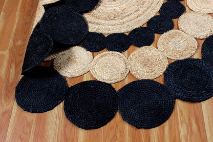 Collection Circle Area Rug - 3 x 3 Ft' Beige and Black Geometric Pettern Jute Mat Ideal for High Traffic Area in Hallway Bedroom Living Room Dining Room Kitchen Terrace Yoga Mat