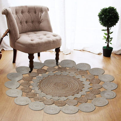 Collection Circle Area Rug - 3 x 3 Ft' Beige and Black Geometric Pettern Jute Mat Ideal for High Traffic Area in Hallway Bedroom Living Room Dining Room Kitchen Terrace Yoga Mat