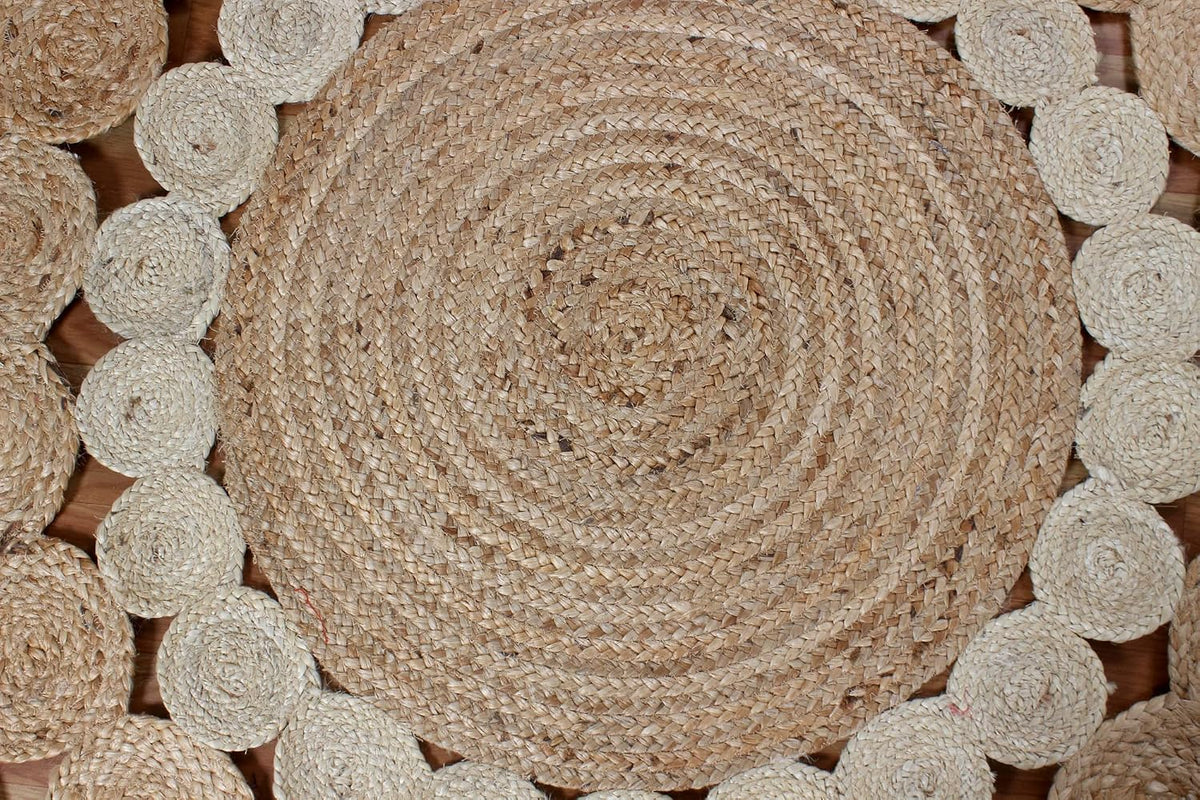 Collection Circle Area Rug - 3 x 3 Ft' Beige and Black Geometric Pettern Jute Mat Ideal for High Traffic Area in Hallway Bedroom Living Room Dining Room Kitchen Terrace Yoga Mat