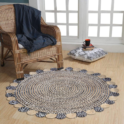 Collection Circle Area Rug - 3 x 3 Ft' Beige and Black Geometric Pettern Jute Mat Ideal for High Traffic Area in Hallway Bedroom Living Room Dining Room Kitchen Terrace Yoga Mat
