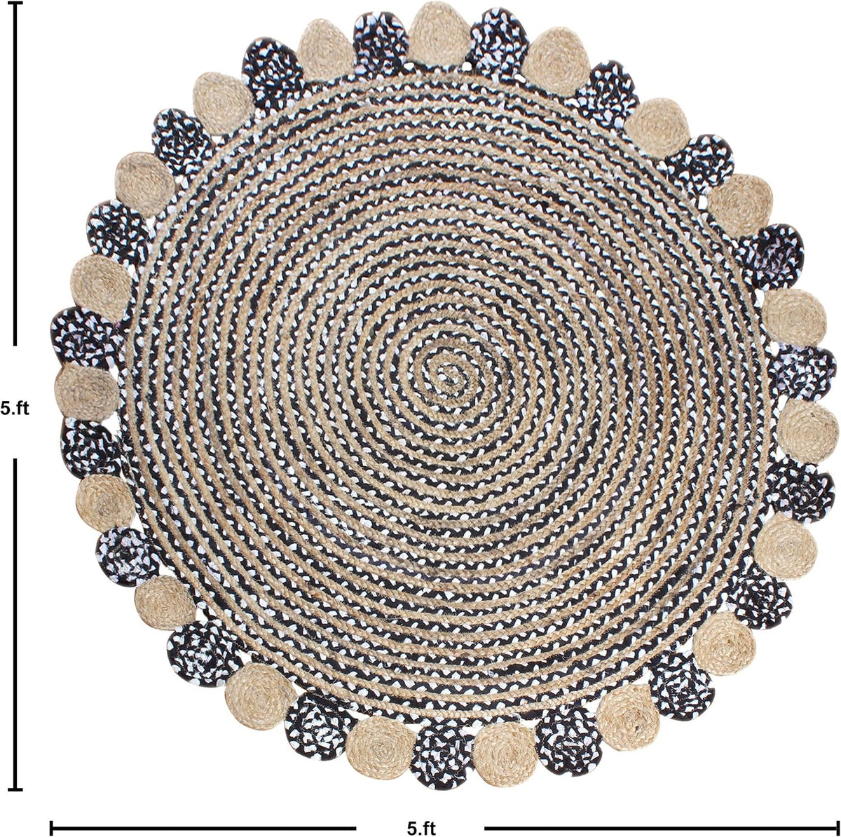 Collection Circle Area Rug - 3 x 3 Ft' Beige and Black Geometric Pettern Jute Mat Ideal for High Traffic Area in Hallway Bedroom Living Room Dining Room Kitchen Terrace Yoga Mat