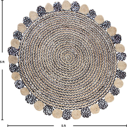 Collection Circle Area Rug - 3 x 3 Ft' Beige and Black Geometric Pettern Jute Mat Ideal for High Traffic Area in Hallway Bedroom Living Room Dining Room Kitchen Terrace Yoga Mat
