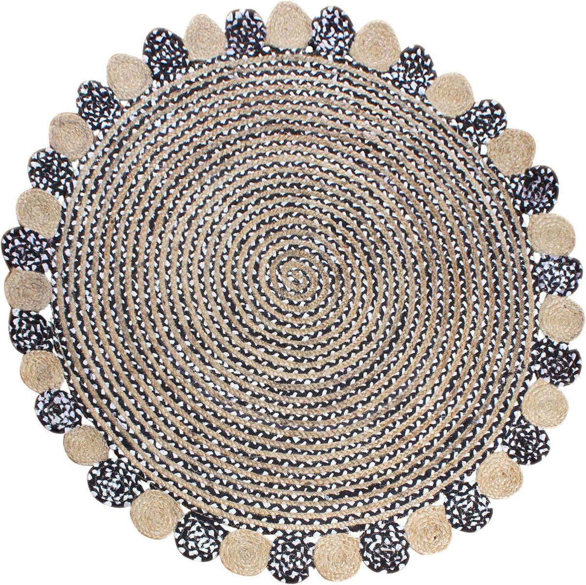Collection Circle Area Rug - 3 x 3 Ft' Beige and Black Geometric Pettern Jute Mat Ideal for High Traffic Area in Hallway Bedroom Living Room Dining Room Kitchen Terrace Yoga Mat