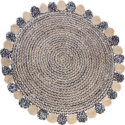 Collection Circle Area Rug - 3 x 3 Ft' Beige and Black Geometric Pettern Jute Mat Ideal for High Traffic Area in Hallway Bedroom Living Room Dining Room Kitchen Terrace Yoga Mat