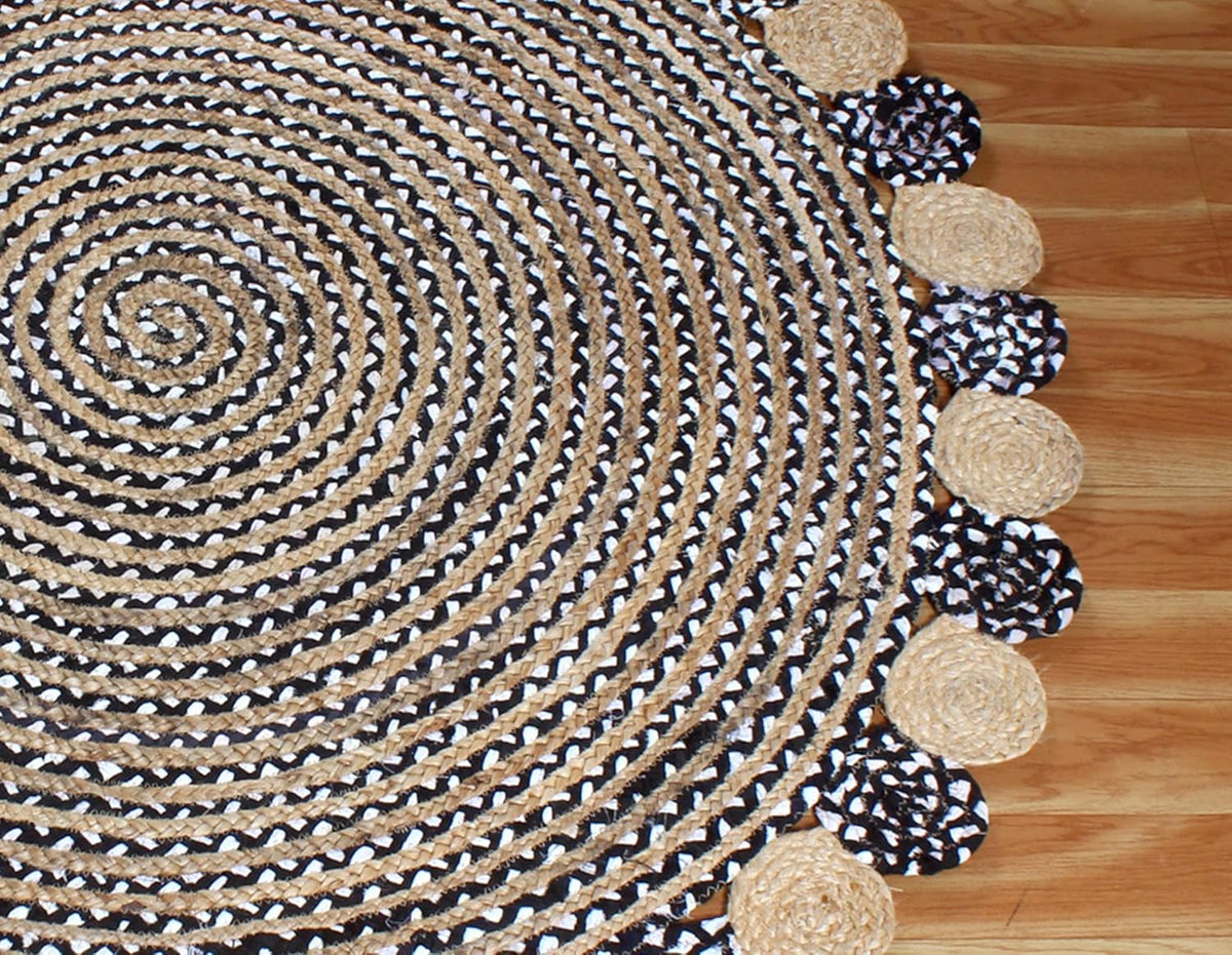Collection Circle Area Rug - 3 x 3 Ft' Beige and Black Geometric Pettern Jute Mat Ideal for High Traffic Area in Hallway Bedroom Living Room Dining Room Kitchen Terrace Yoga Mat