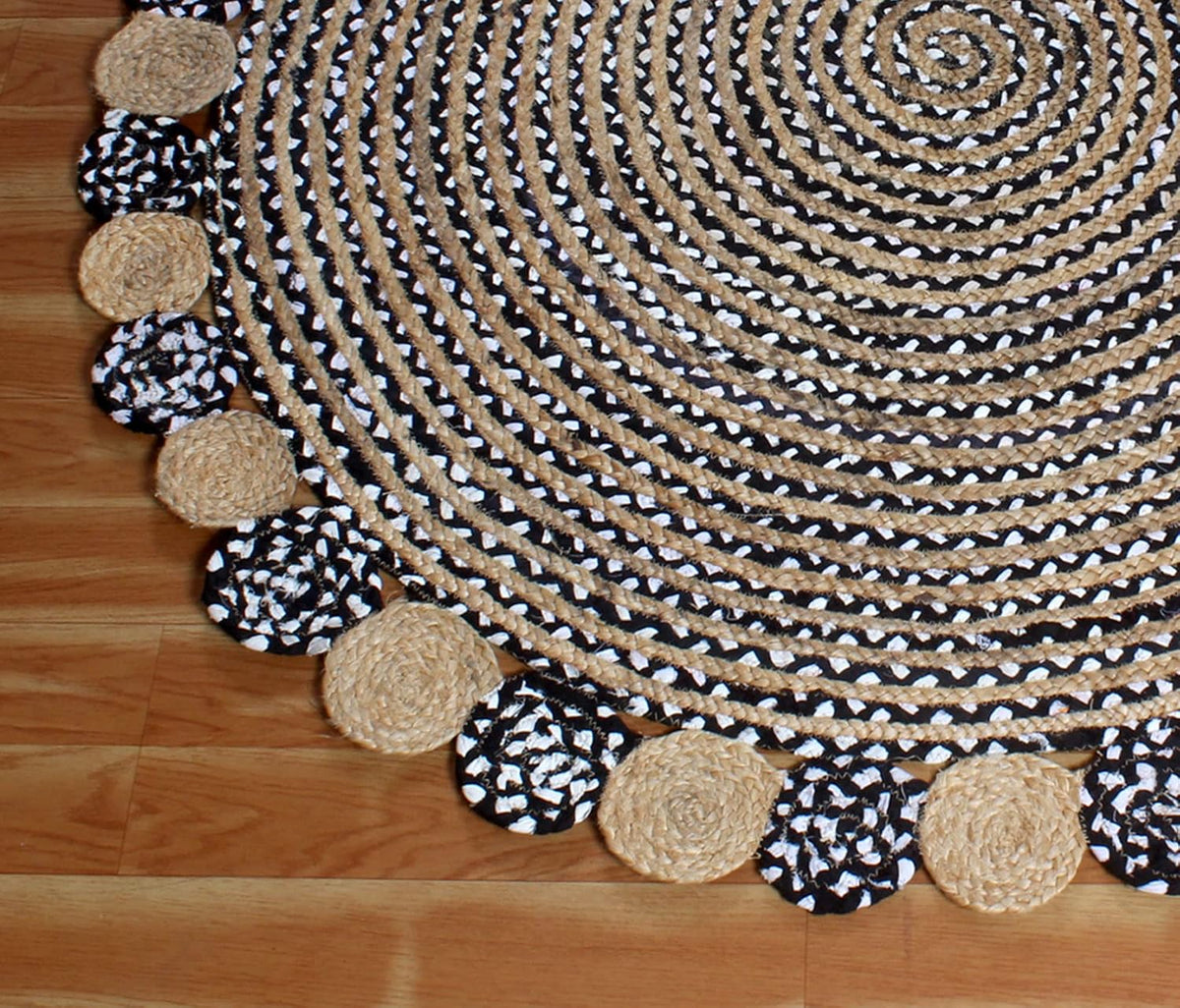 Collection Circle Area Rug - 3 x 3 Ft' Beige and Black Geometric Pettern Jute Mat Ideal for High Traffic Area in Hallway Bedroom Living Room Dining Room Kitchen Terrace Yoga Mat
