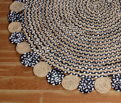 Collection Circle Area Rug - 3 x 3 Ft' Beige and Black Geometric Pettern Jute Mat Ideal for High Traffic Area in Hallway Bedroom Living Room Dining Room Kitchen Terrace Yoga Mat