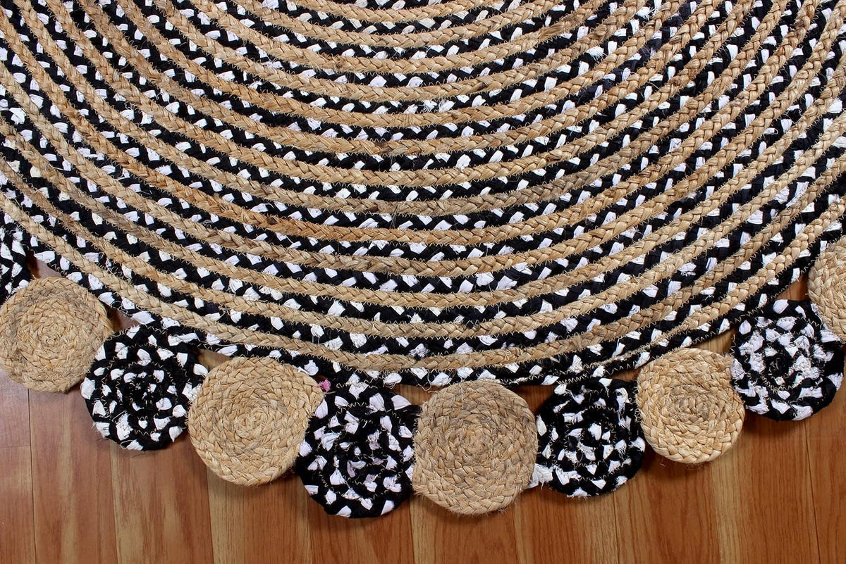 Collection Circle Area Rug - 3 x 3 Ft' Beige and Black Geometric Pettern Jute Mat Ideal for High Traffic Area in Hallway Bedroom Living Room Dining Room Kitchen Terrace Yoga Mat