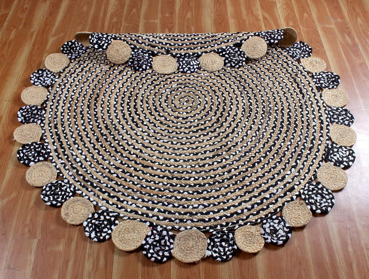 Collection Circle Area Rug - 3 x 3 Ft' Beige and Black Geometric Pettern Jute Mat Ideal for High Traffic Area in Hallway Bedroom Living Room Dining Room Kitchen Terrace Yoga Mat