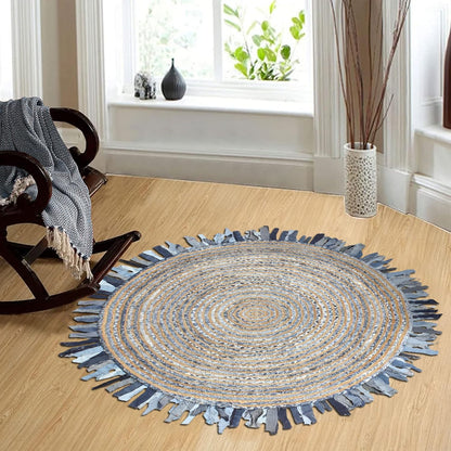 Collection Circle Area Rug - 3 x 3 Ft' Beige and Black Geometric Pettern Jute Mat Ideal for High Traffic Area in Hallway Bedroom Living Room Dining Room Kitchen Terrace Yoga Mat