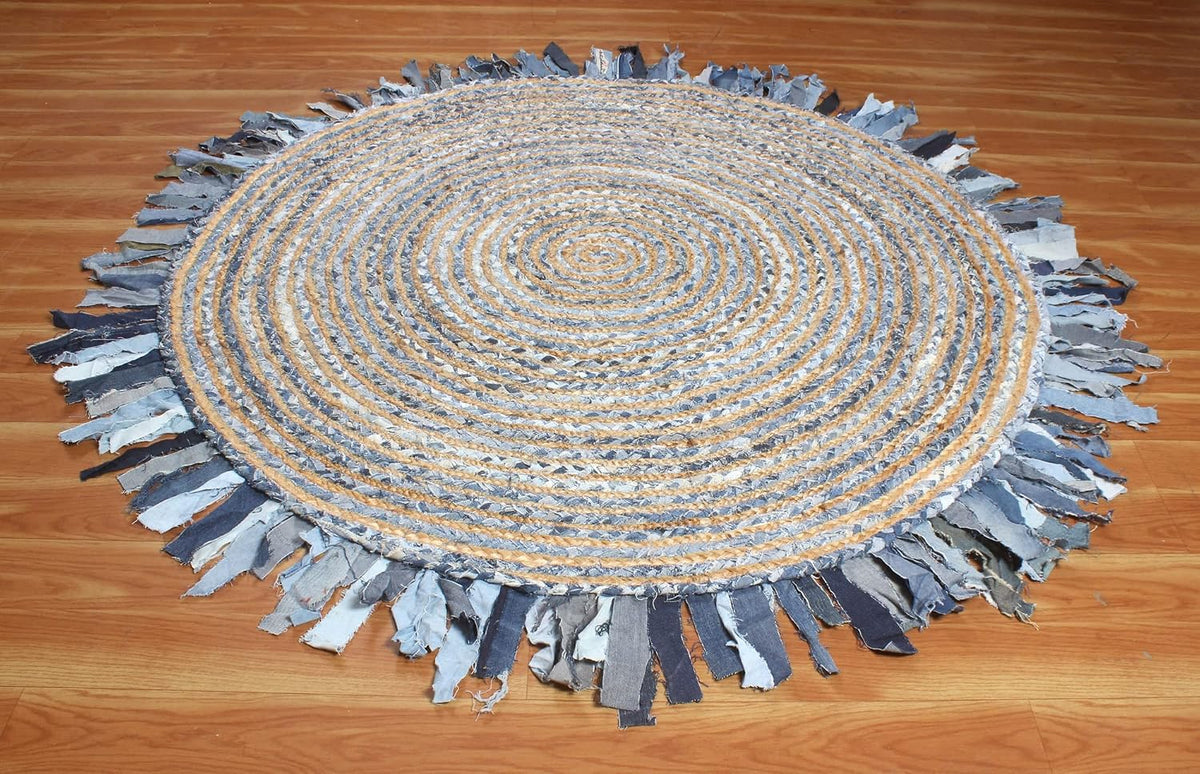 Collection Circle Area Rug - 3 x 3 Ft' Beige and Black Geometric Pettern Jute Mat Ideal for High Traffic Area in Hallway Bedroom Living Room Dining Room Kitchen Terrace Yoga Mat