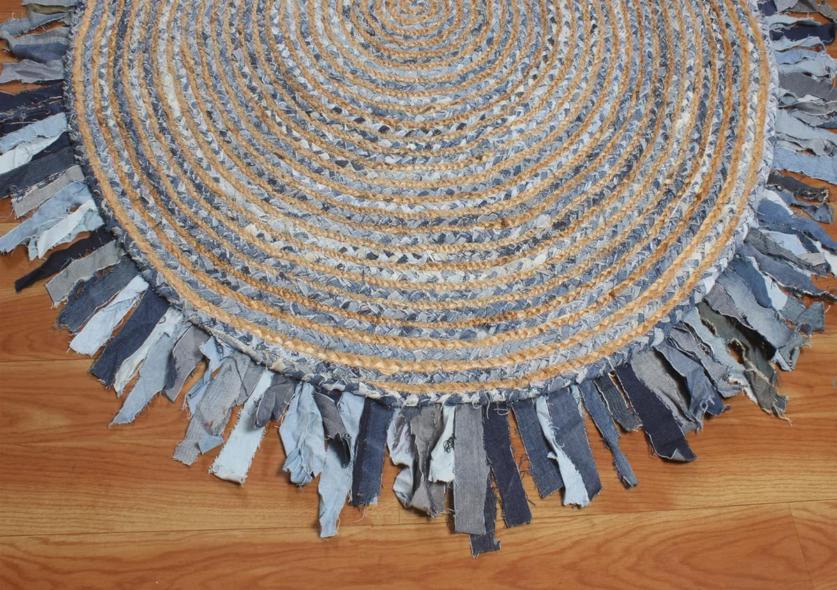 Collection Circle Area Rug - 3 x 3 Ft' Beige and Black Geometric Pettern Jute Mat Ideal for High Traffic Area in Hallway Bedroom Living Room Dining Room Kitchen Terrace Yoga Mat