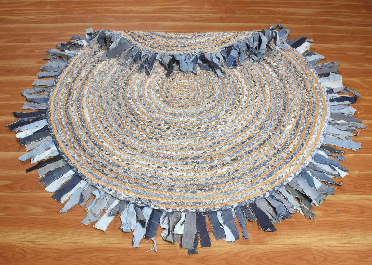 Collection Circle Area Rug - 3 x 3 Ft' Beige and Black Geometric Pettern Jute Mat Ideal for High Traffic Area in Hallway Bedroom Living Room Dining Room Kitchen Terrace Yoga Mat