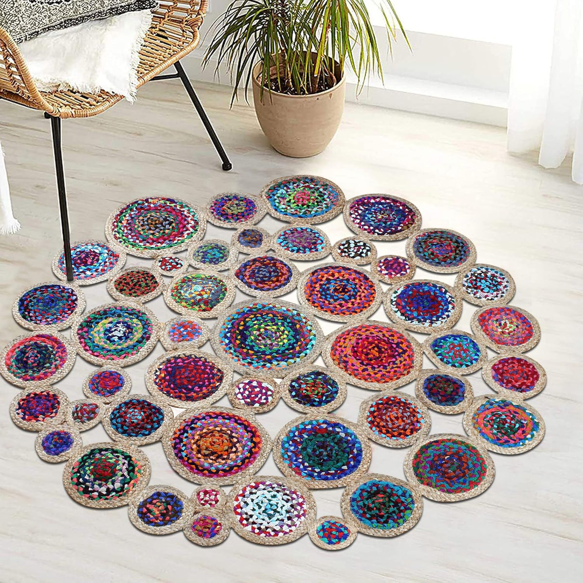 Collection Circle Area Rug - 3 x 3 Ft' Beige and Black Geometric Pettern Jute Mat Ideal for High Traffic Area in Hallway Bedroom Living Room Dining Room Kitchen Terrace Yoga Mat