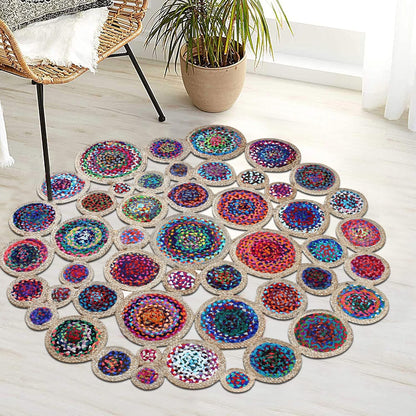 Collection Circle Area Rug - 3 x 3 Ft' Beige and Black Geometric Pettern Jute Mat Ideal for High Traffic Area in Hallway Bedroom Living Room Dining Room Kitchen Terrace Yoga Mat