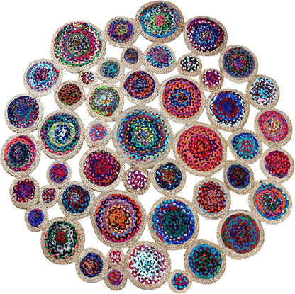 Collection Circle Area Rug - 3 x 3 Ft' Beige and Black Geometric Pettern Jute Mat Ideal for High Traffic Area in Hallway Bedroom Living Room Dining Room Kitchen Terrace Yoga Mat