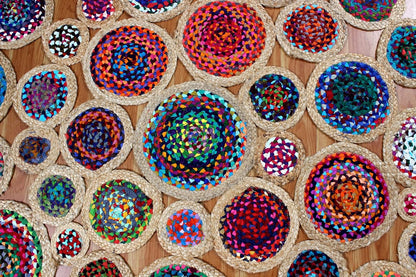 Collection Circle Area Rug - 3 x 3 Ft' Beige and Black Geometric Pettern Jute Mat Ideal for High Traffic Area in Hallway Bedroom Living Room Dining Room Kitchen Terrace Yoga Mat