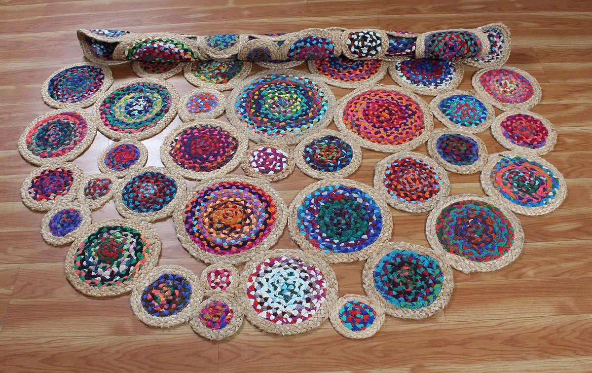 Collection Circle Area Rug - 3 x 3 Ft' Beige and Black Geometric Pettern Jute Mat Ideal for High Traffic Area in Hallway Bedroom Living Room Dining Room Kitchen Terrace Yoga Mat
