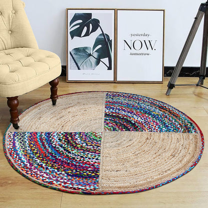 Collection Circle Area Rug - 3 x 3 Ft' Beige and Black Geometric Pettern Jute Mat Ideal for High Traffic Area in Hallway Bedroom Living Room Dining Room Kitchen Terrace Yoga Mat