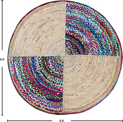 Collection Circle Area Rug - 3 x 3 Ft' Beige and Black Geometric Pettern Jute Mat Ideal for High Traffic Area in Hallway Bedroom Living Room Dining Room Kitchen Terrace Yoga Mat