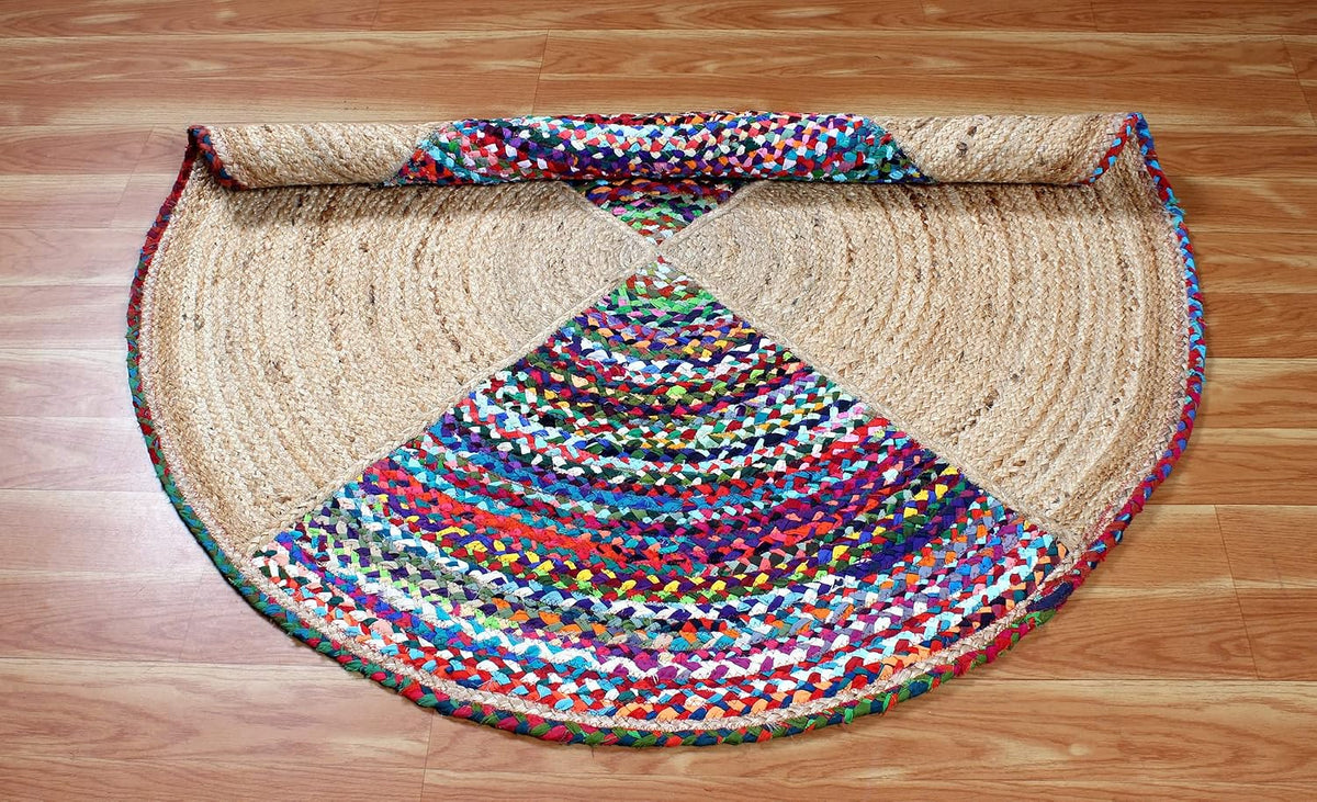 Collection Circle Area Rug - 3 x 3 Ft' Beige and Black Geometric Pettern Jute Mat Ideal for High Traffic Area in Hallway Bedroom Living Room Dining Room Kitchen Terrace Yoga Mat