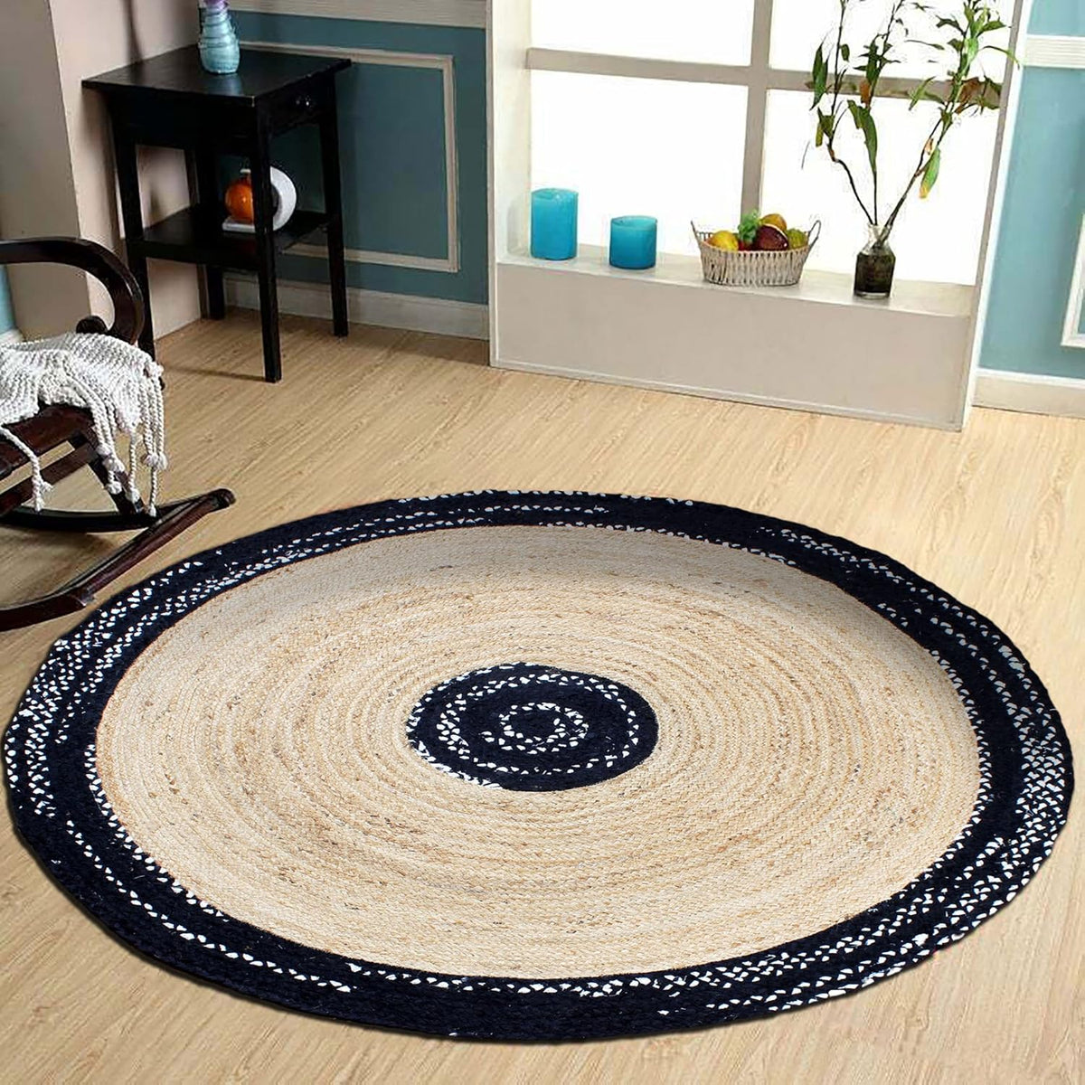 Collection Circle Area Rug - 3 x 3 Ft' Beige and Black Geometric Pettern Jute Mat Ideal for High Traffic Area in Hallway Bedroom Living Room Dining Room Kitchen Terrace Yoga Mat