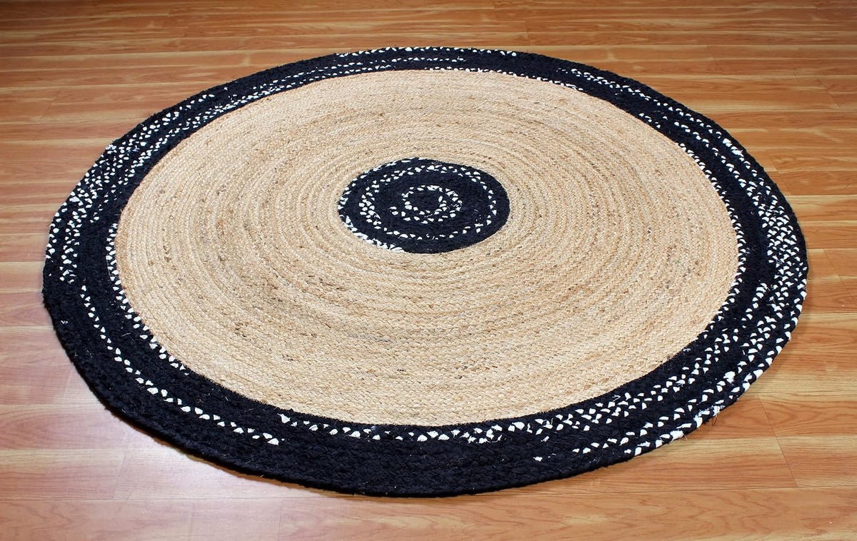 Collection Circle Area Rug - 3 x 3 Ft' Beige and Black Geometric Pettern Jute Mat Ideal for High Traffic Area in Hallway Bedroom Living Room Dining Room Kitchen Terrace Yoga Mat