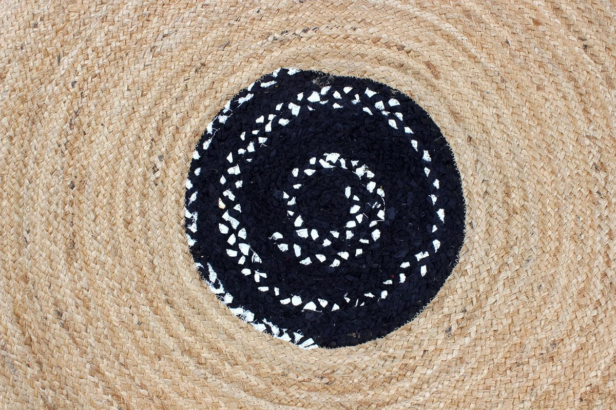 Collection Circle Area Rug - 3 x 3 Ft' Beige and Black Geometric Pettern Jute Mat Ideal for High Traffic Area in Hallway Bedroom Living Room Dining Room Kitchen Terrace Yoga Mat