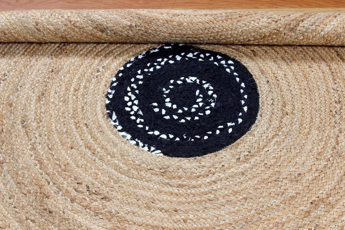 Collection Circle Area Rug - 3 x 3 Ft' Beige and Black Geometric Pettern Jute Mat Ideal for High Traffic Area in Hallway Bedroom Living Room Dining Room Kitchen Terrace Yoga Mat