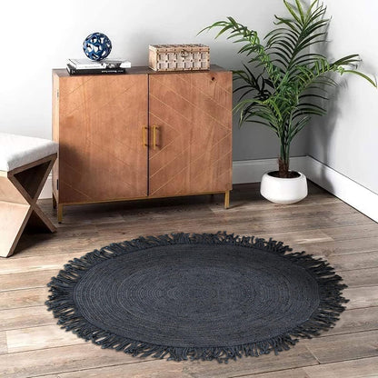Collection Circle Area Rug - 3 x 3 Ft' Beige and Black Geometric Pettern Jute Mat Ideal for High Traffic Area in Hallway Bedroom Living Room Dining Room Kitchen Terrace Yoga Mat