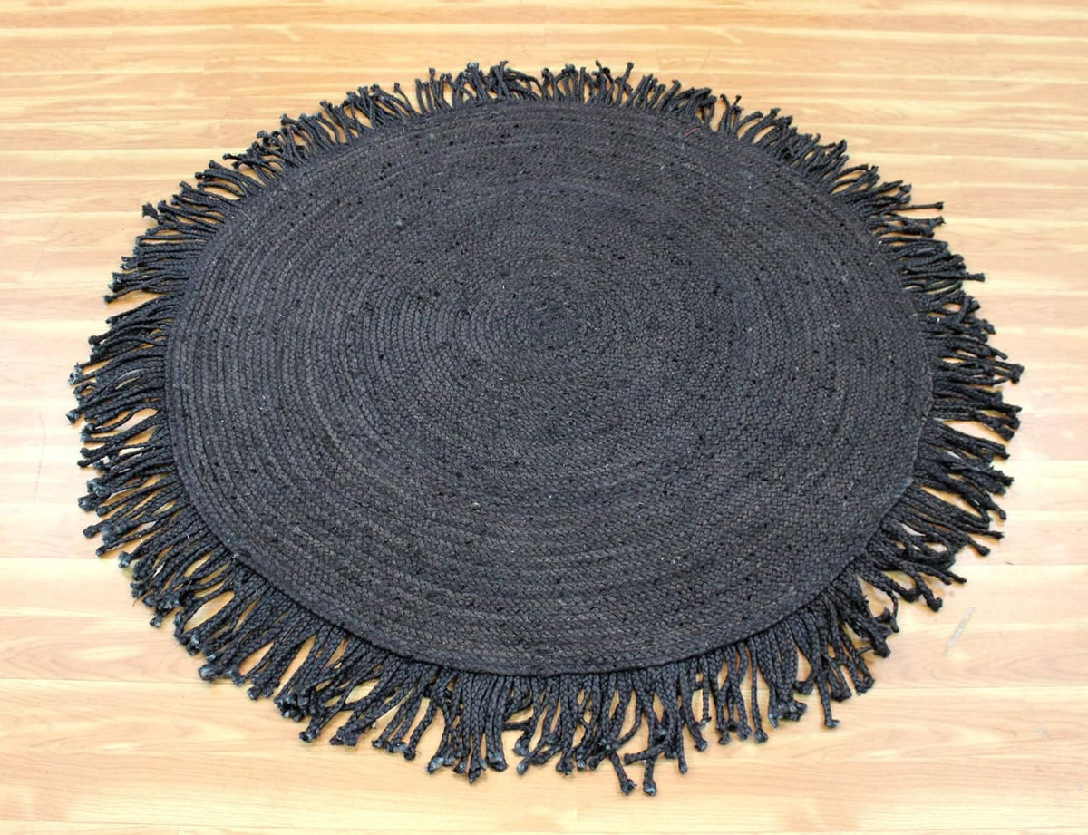 Collection Circle Area Rug - 3 x 3 Ft' Beige and Black Geometric Pettern Jute Mat Ideal for High Traffic Area in Hallway Bedroom Living Room Dining Room Kitchen Terrace Yoga Mat